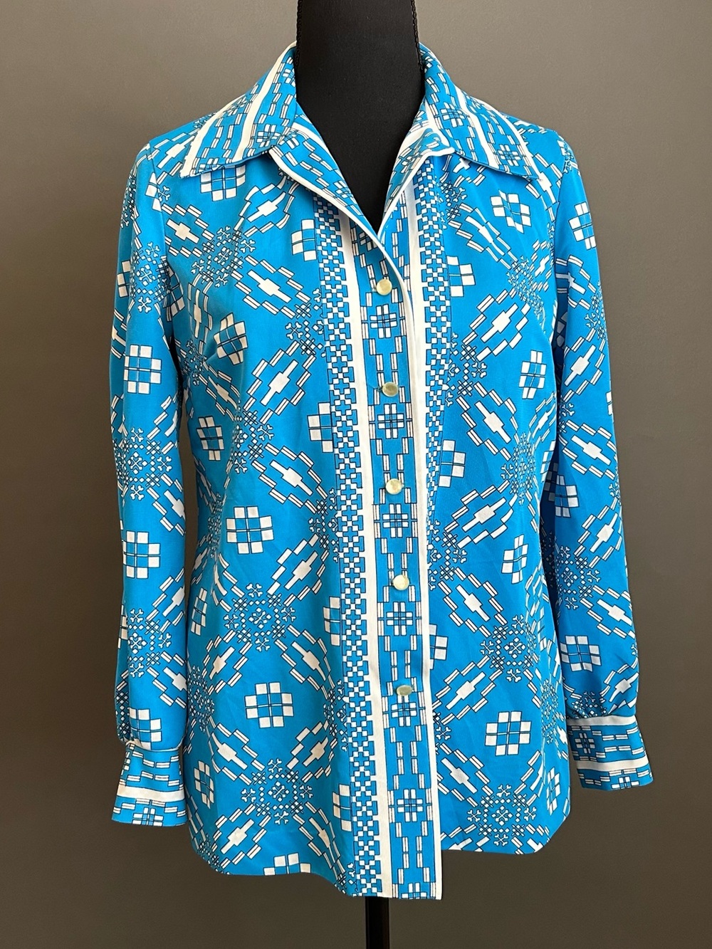 Vintage 1970s Mod Patterned Button Front Blouse, Large